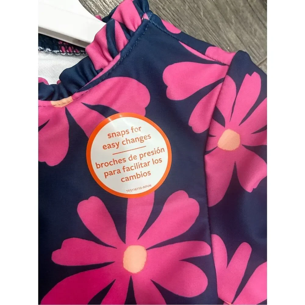 Carter's Navy One-Piece Rash Guard Swimsuit with Hot Pink Daisy Print